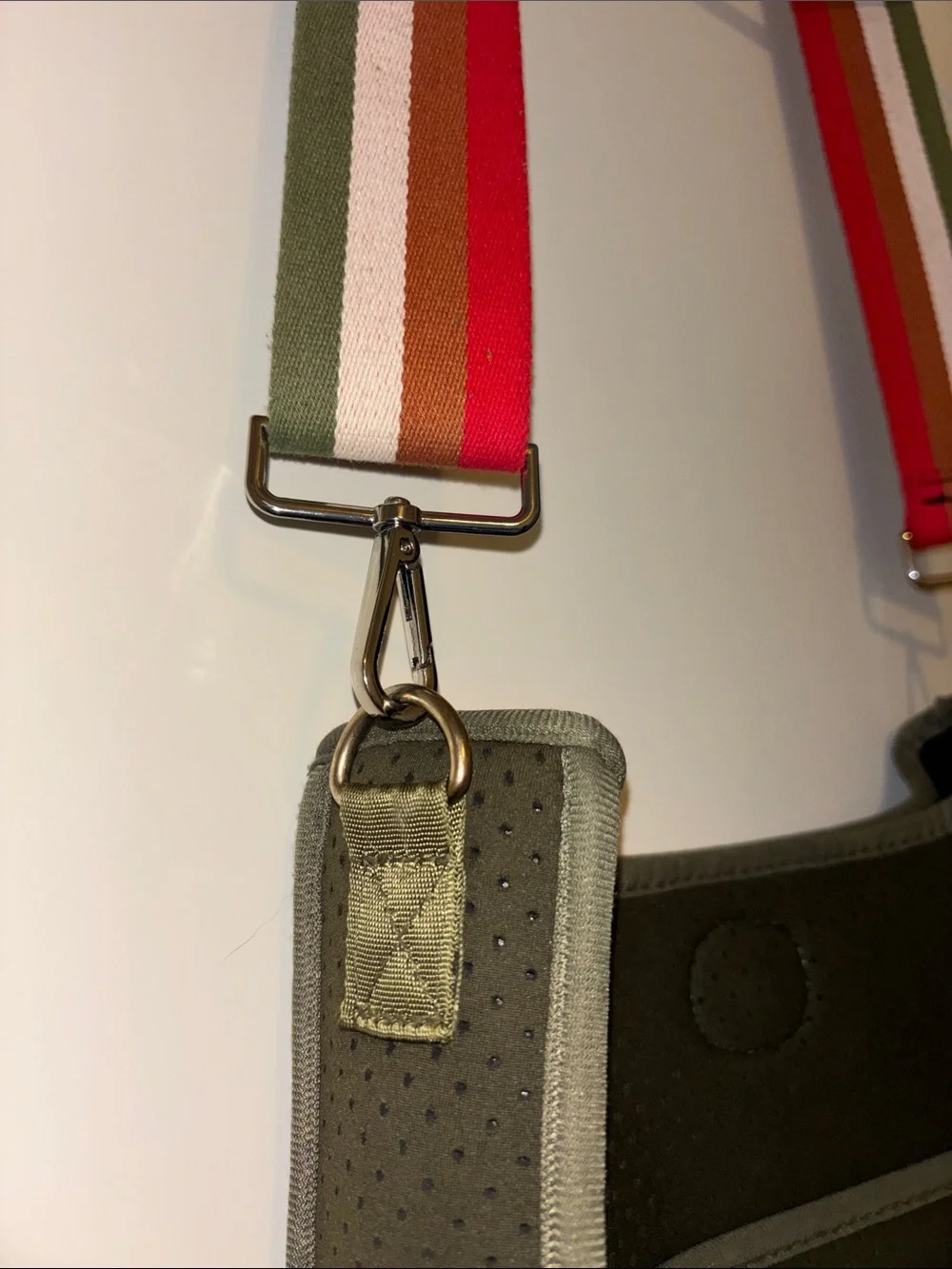 AH•DORNED Classic Neoprene Crossbody Bag NWOT Olive Body & Retro Striped Strap